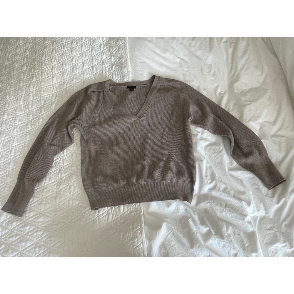 Halogen Sweater V-Neck Ribbed Knit Long Sleeve Pullover Taupe Brown Medium